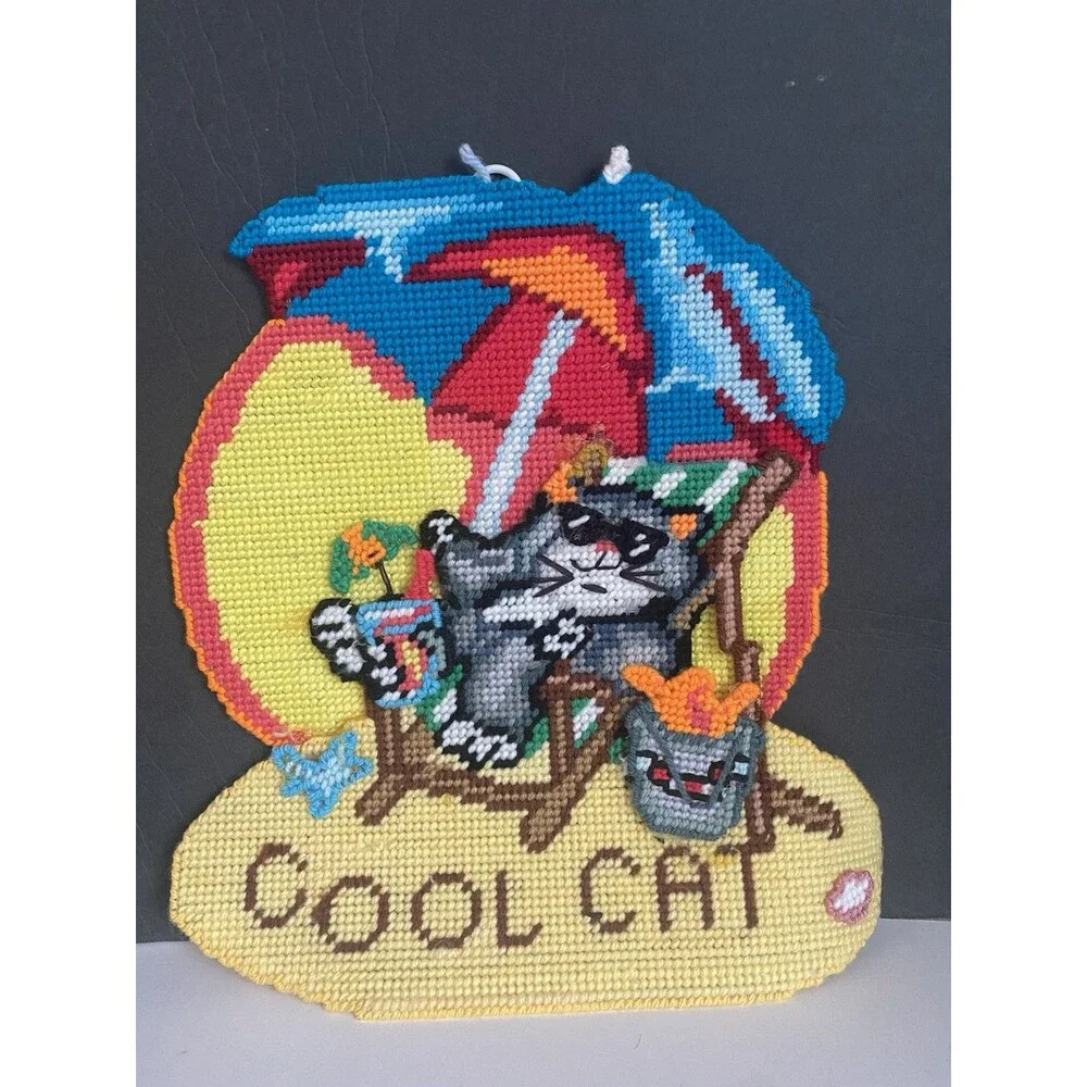 VTG  Cool Cat At The Beach Wall Hanging Needlepoint Plastic Canvas